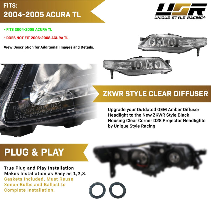 2004 - 2005 Acura TL Clear Corner Diffuser BiXenon D2S Projector Headlight