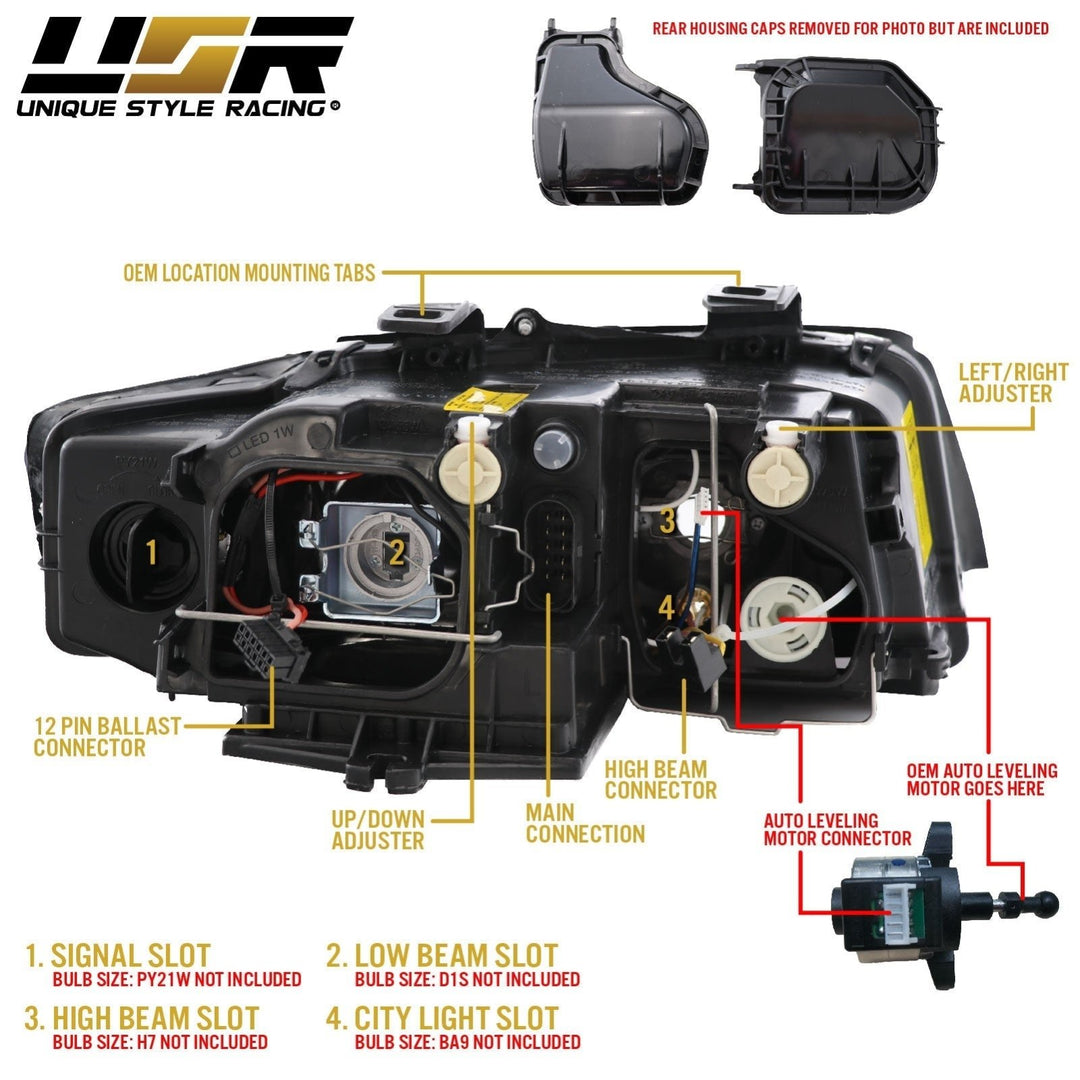 2002 - 2005 Audi A4/S4 Black Housing Headlight W/ Clear Corner Xenon HID Model