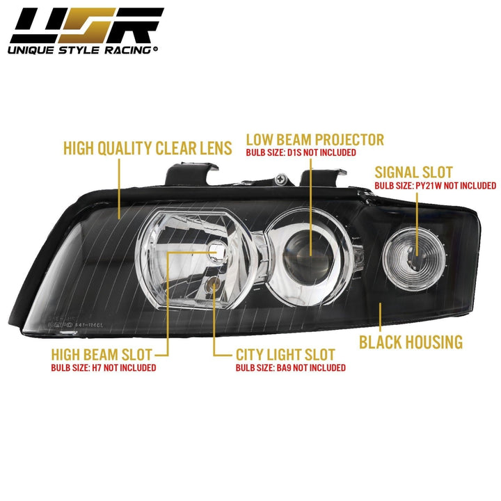 2002 - 2005 Audi A4/S4 Black Housing Headlight W/ Clear Corner Xenon HID Model