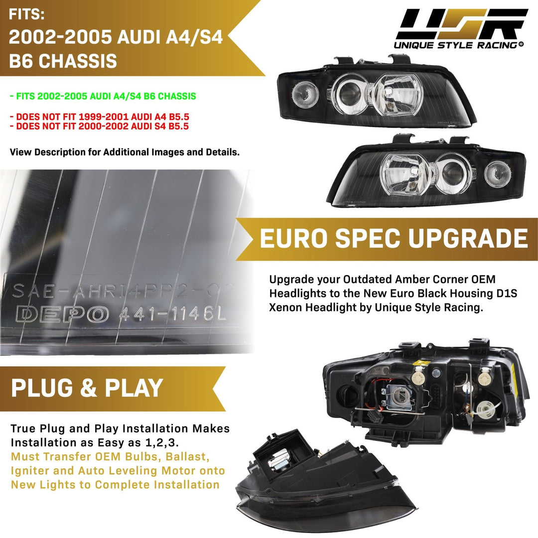 2002 - 2005 Audi A4/S4 Black Housing Headlight W/ Clear Corner Xenon HID Model