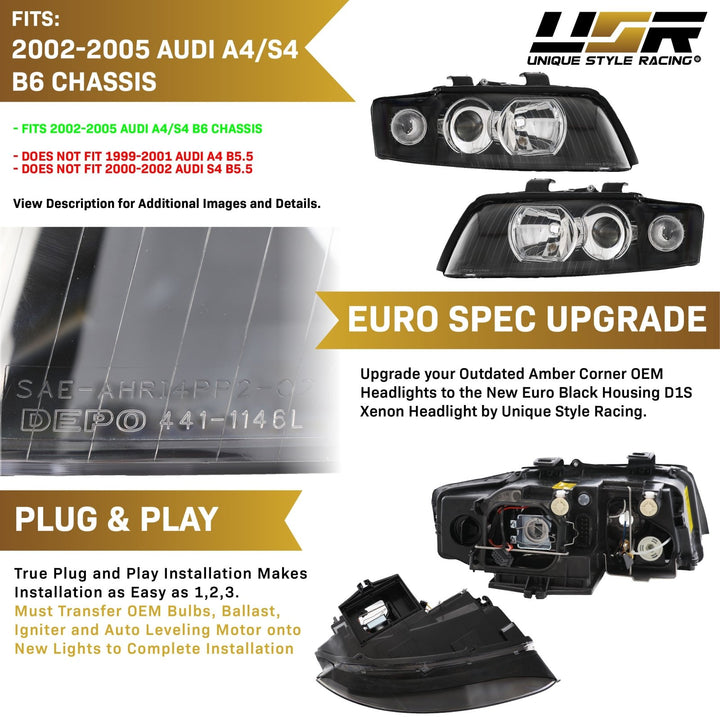 2002 - 2005 Audi A4/S4 Black Housing Headlight W/ Clear Corner Xenon HID Model