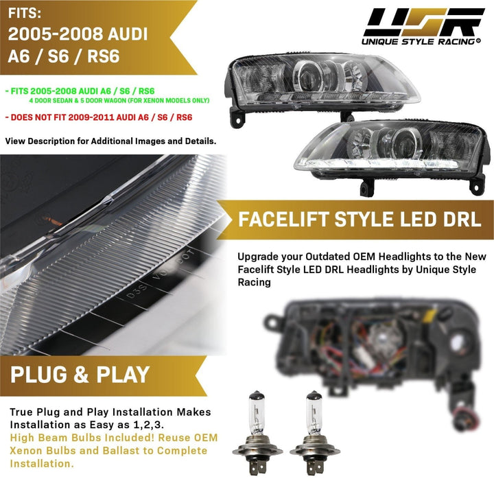 2005 - 2008 Audi A6 / S6 / RS6 C6/4F 4D Sedan & 5D Wagon For Xenon Model Facelift '09'11 Style LED Strip Projector Headlight