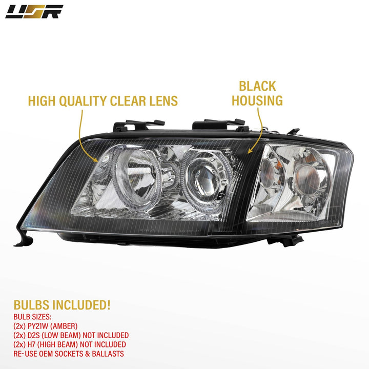 1998-2001 Audi A6 C5 Xenon D2S Models Black Housing Angel Eye Halo Projector Headlights