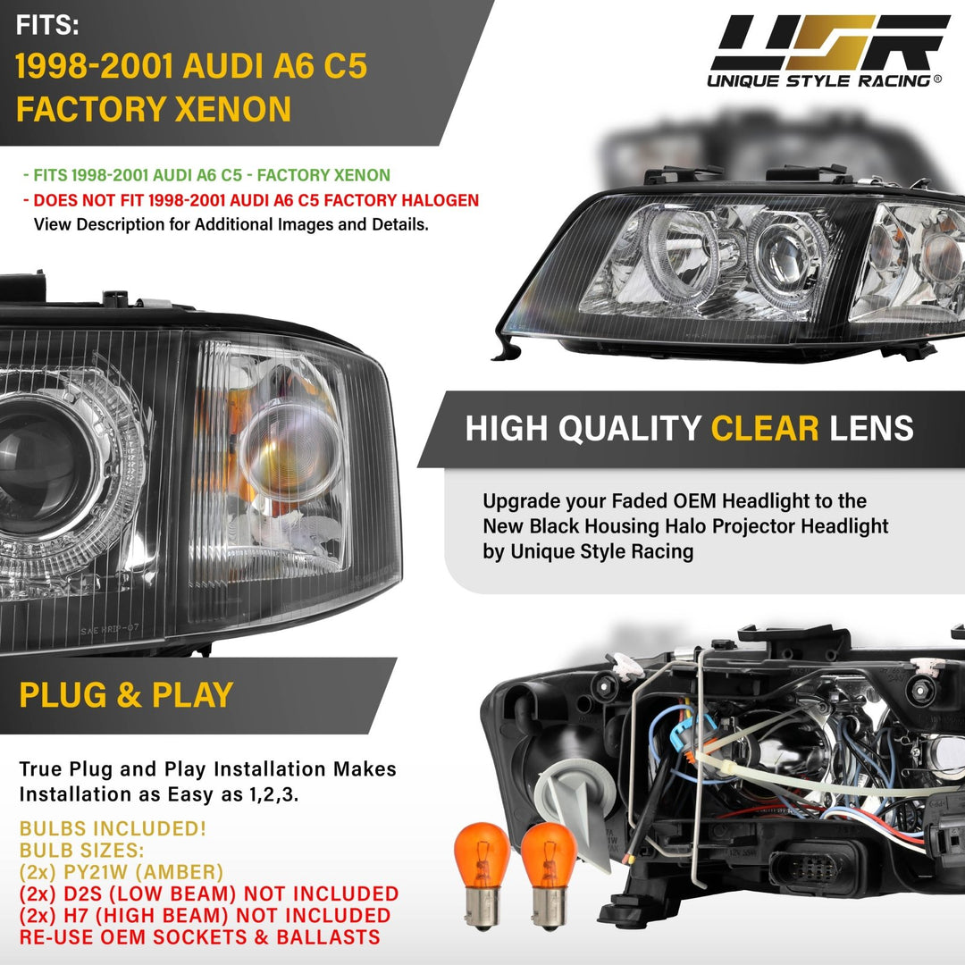1998-2001 Audi A6 C5 Xenon D2S Models Black Housing Angel Eye Halo Projector Headlights