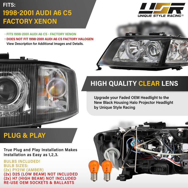 1998-2001 Audi A6 C5 Xenon D2S Models Black Housing Angel Eye Halo Projector Headlights