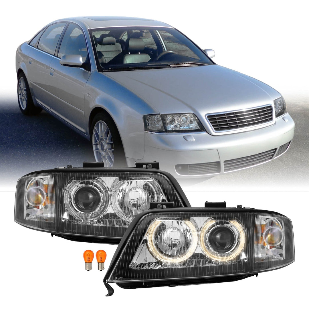 1998-2001 Audi A6 C5 Xenon D2S Models Black Housing Angel Eye Halo Projector Headlights