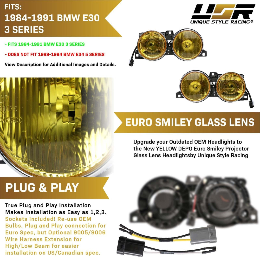 1984 - 1991 BMW E30 3 Series French Edition Yellow Glass Lens Euro Smiley Projector Headlights
