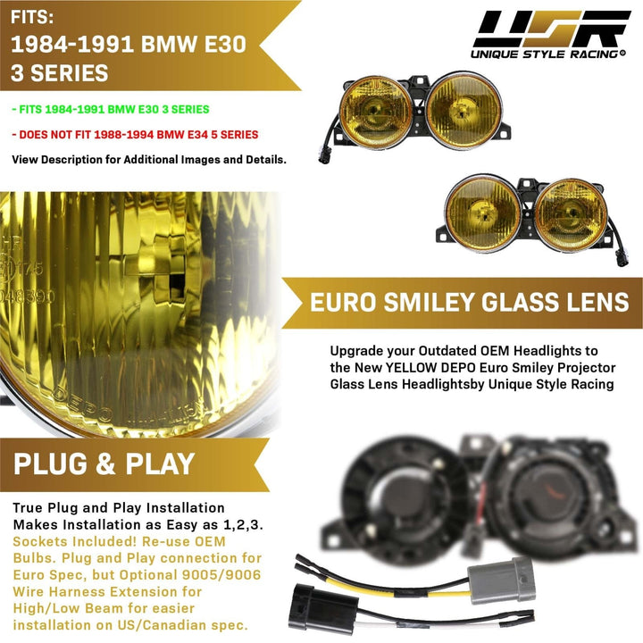1984 - 1991 BMW E30 3 Series French Edition Yellow Glass Lens Euro Smiley Projector Headlights
