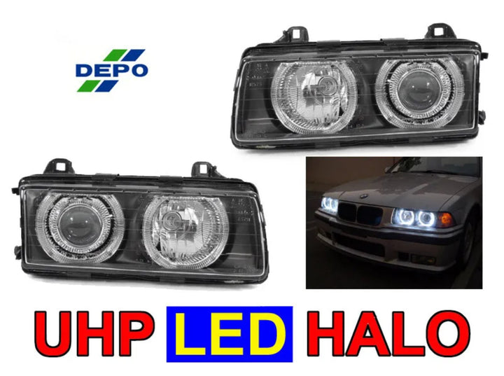 1992-1999 BMW E36 3 Series P36 Projector Angel Eye GLASS Lens Headlight Optional UHP LED Halo Rings