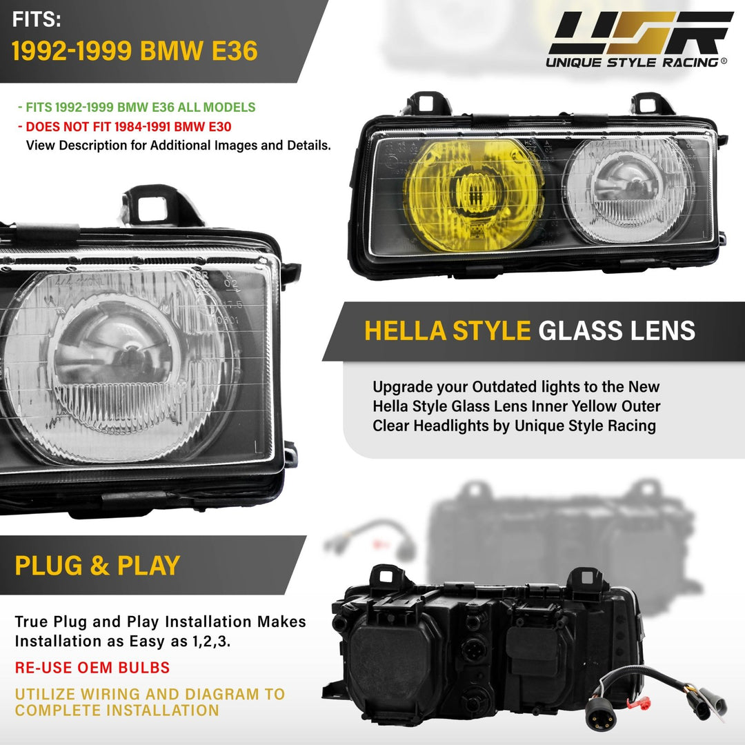 1992 - 1999 BMW E36 3 Series Yellow High Clear Low Glass Lens Hella Euro Ellipsoid Projector Headlight

#optional-items_headlight-with-wires