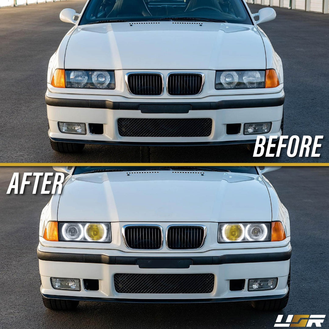 1992 - 1999 BMW E36 3 Series Yellow High Clear Low Glass Lens Hella Euro Ellipsoid Projector Headlight

#optional-items_headlight-with-led-bulbs-and-angel-eye-rings
