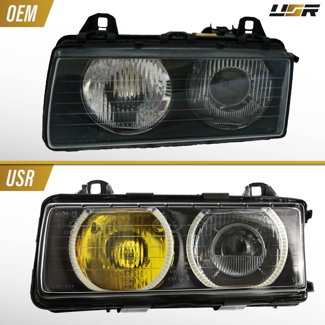 1992 - 1999 BMW E36 3 Series Yellow High Clear Low Glass Lens Hella Euro Ellipsoid Projector Headlight

#optional-items_headlight-with-led-bulbs-and-angel-eye-rings