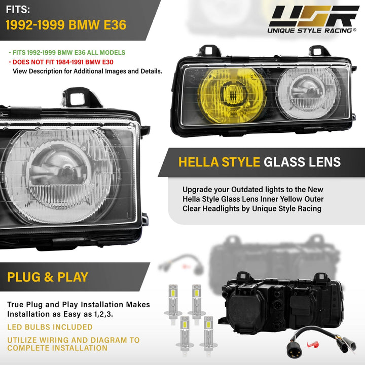 1992 - 1999 BMW E36 3 Series Yellow High Clear Low Glass Lens Hella Euro Ellipsoid Projector Headlight

#optional-items_headlight-with-led-bulbs-and-angel-eye-rings