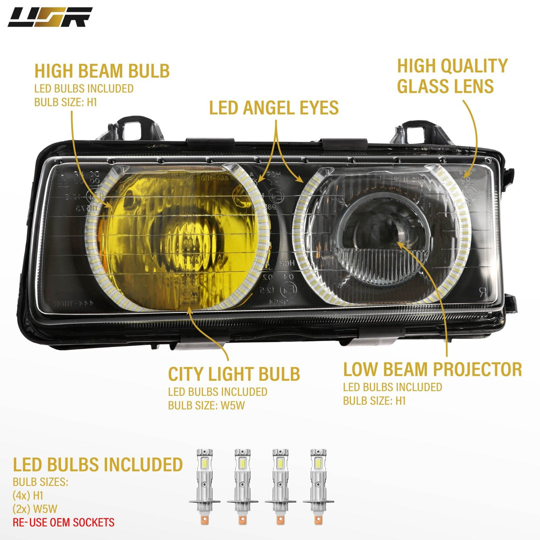 1992 - 1999 BMW E36 3 Series Yellow High Clear Low Glass Lens Hella Euro Ellipsoid Projector Headlight

#optional-items_headlight-with-led-bulbs-and-angel-eye-rings