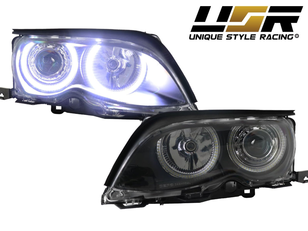 2002 - 2005 BMW 3 Series E46 4D Sedan / 4D Wagon Angel Eye Projector Headlight W/ Optional UHP LED Halo Rings