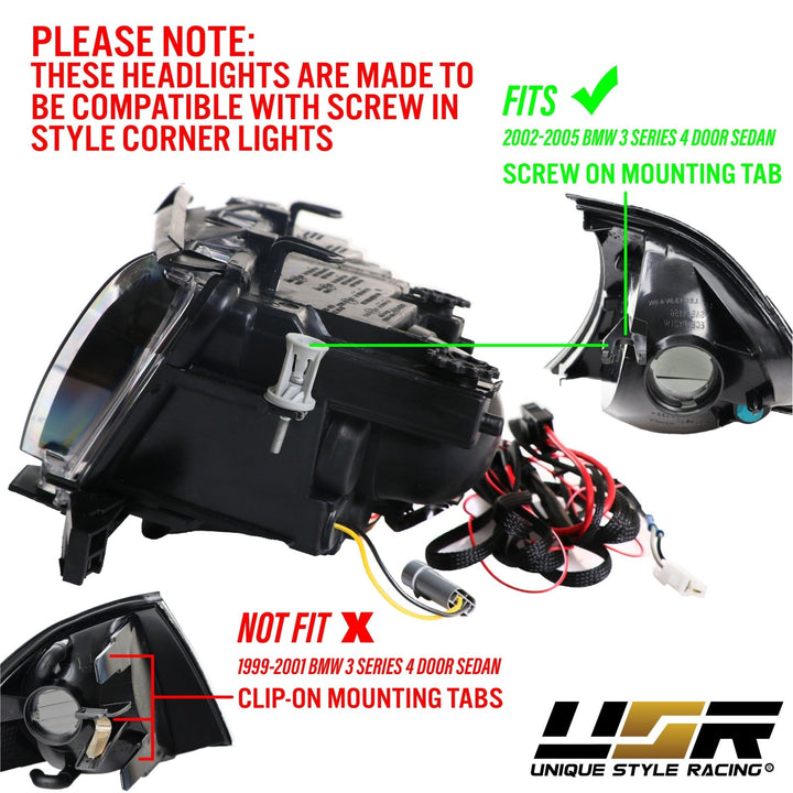 2002 - 2005 BMW 3 Series E46 4D Sedan / 4D Wagon Angel Eye Projector Headlight W/ Optional UHP LED Halo Rings