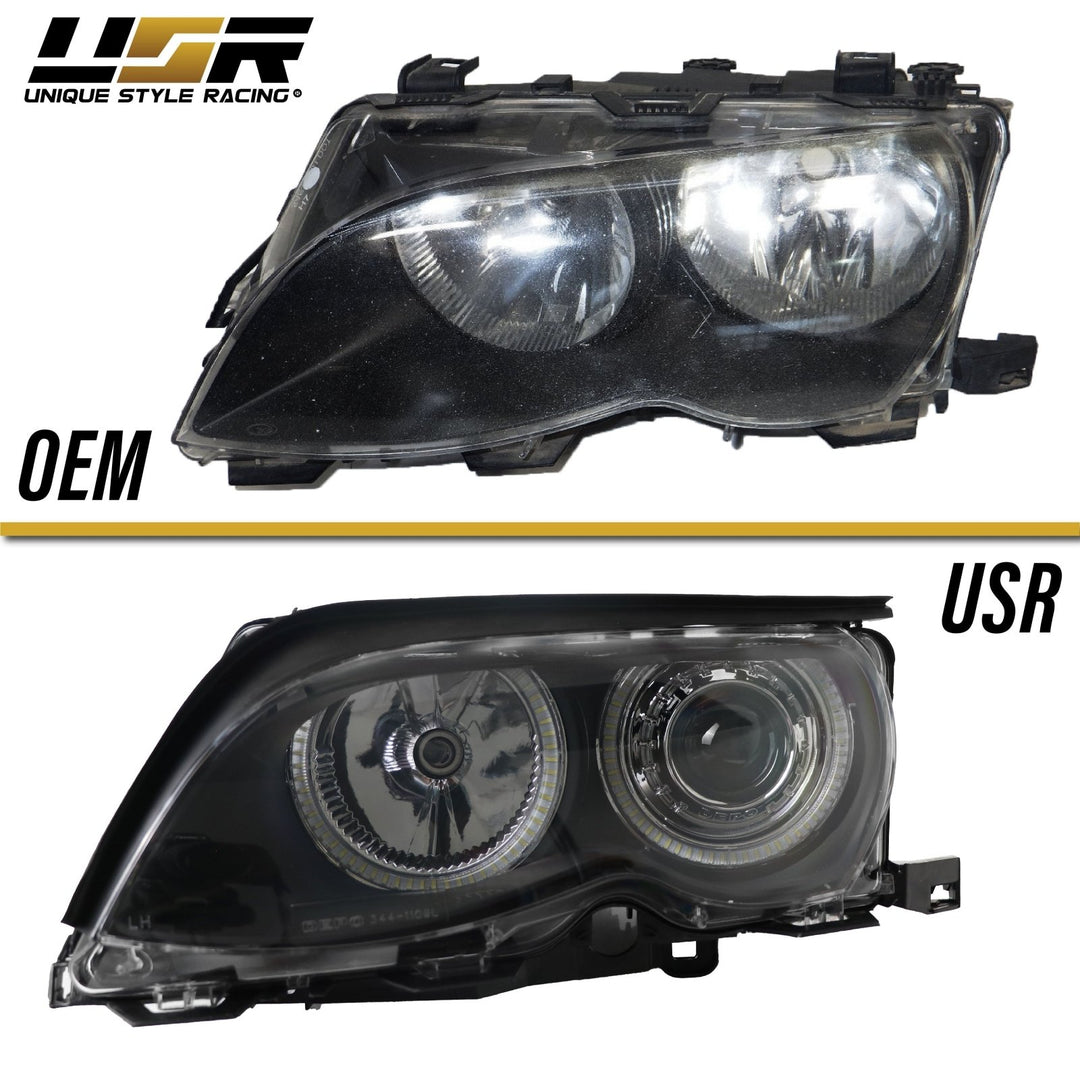 2002 - 2005 BMW 3 Series E46 4D Sedan / 4D Wagon Angel Eye Projector Headlight W/ Optional UHP LED Halo Rings