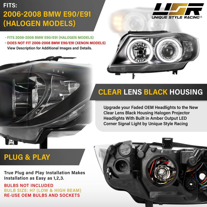 2006 - 2008 BMW 3 Series E90 / E91 V2 Projector UHP LED Angel Halo Headlight With LED Corner