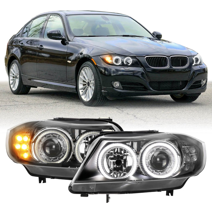 2006 - 2008 BMW 3 Series E90 / E91 V2 Projector UHP LED Angel Halo Headlight With LED Corner