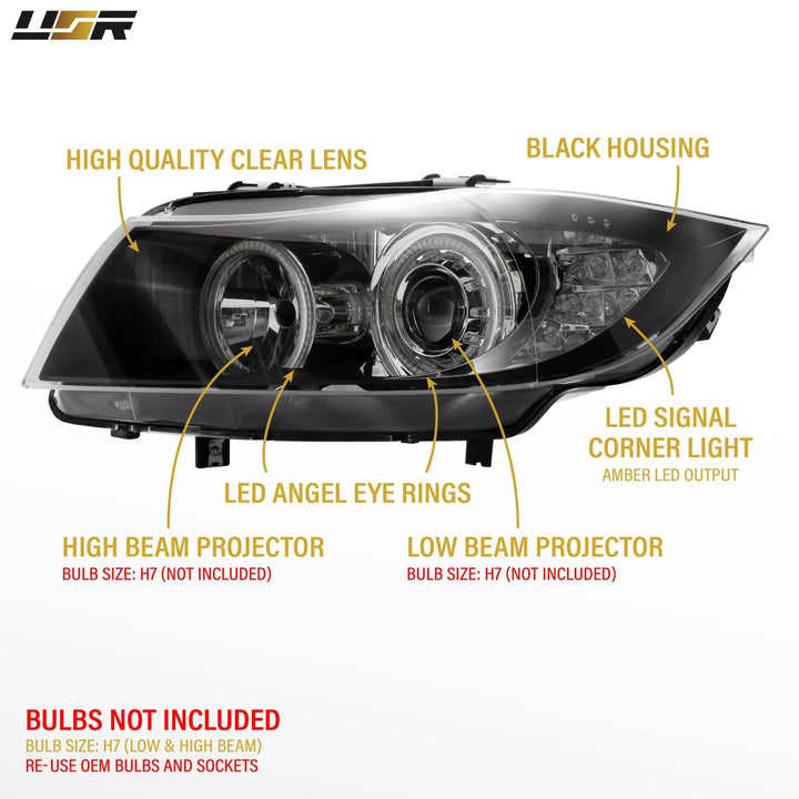 2006 - 2008 BMW 3 Series E90 / E91 V2 Projector UHP LED Angel Halo Headlight With LED Corner