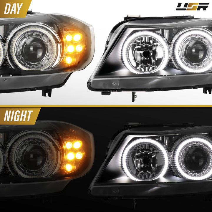 2006 - 2008 BMW 3 Series E90 / E91 V2 Projector UHP LED Angel Halo Headlight With LED Corner