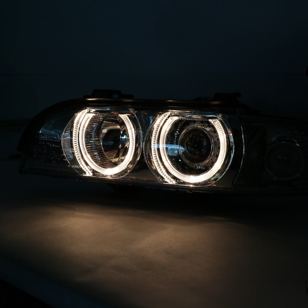 1997 - 2000 BMW E39 5 Series Halogen Angel Eye Halo Projector Chrome Housing Headlight For Factory Xenon Models