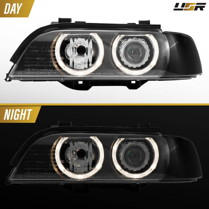 1997-2003 BMW E39 5 Series Black Housing Angel Eye Halo Projector Headlight with Smoke Corner Light