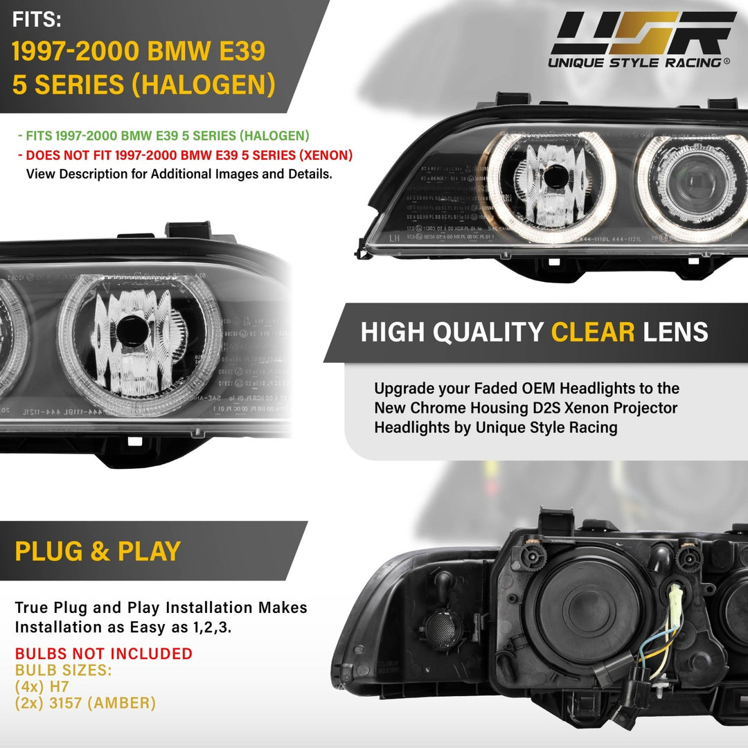 1997-2003 BMW E39 5 Series Black Housing Angel Eye Halo Projector Headlight with Smoke Corner Light