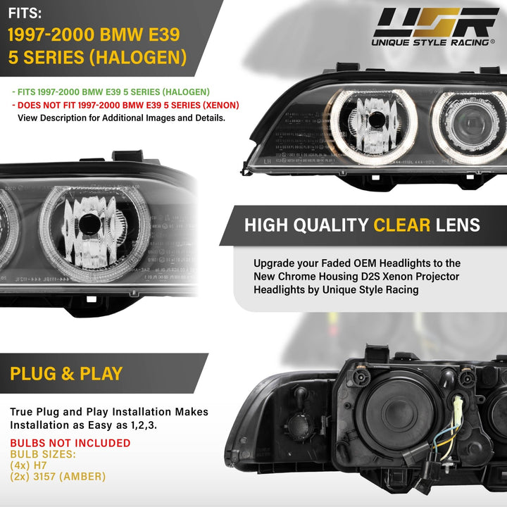 1997-2003 BMW E39 5 Series Black Housing Angel Eye Halo Projector Headlight with Smoke Corner Light
