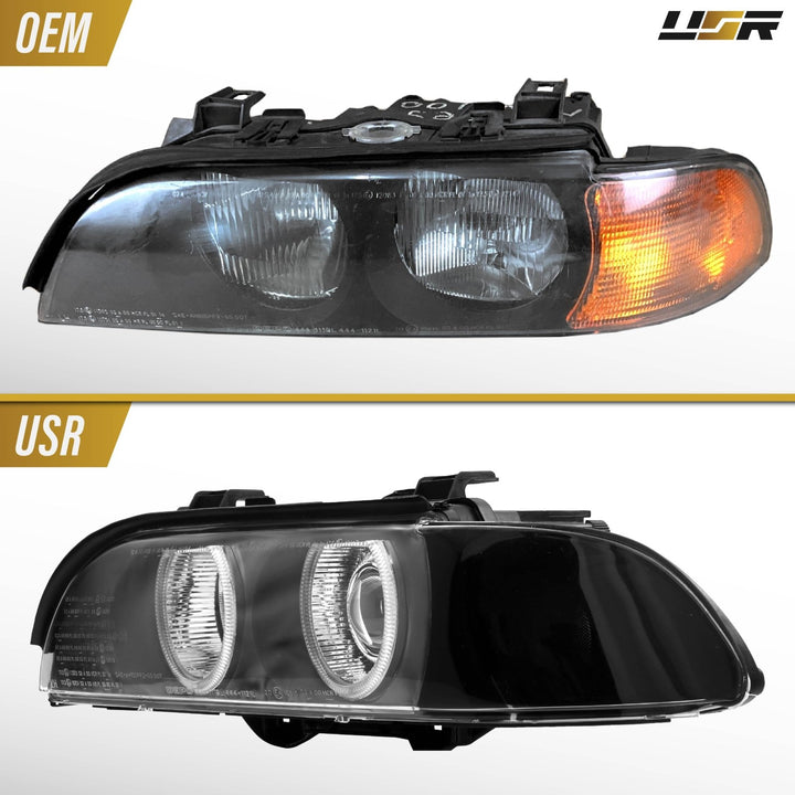 1997-2003 BMW E39 5 Series Black Housing Angel Eye Halo Projector Headlight with Smoke Corner Light
