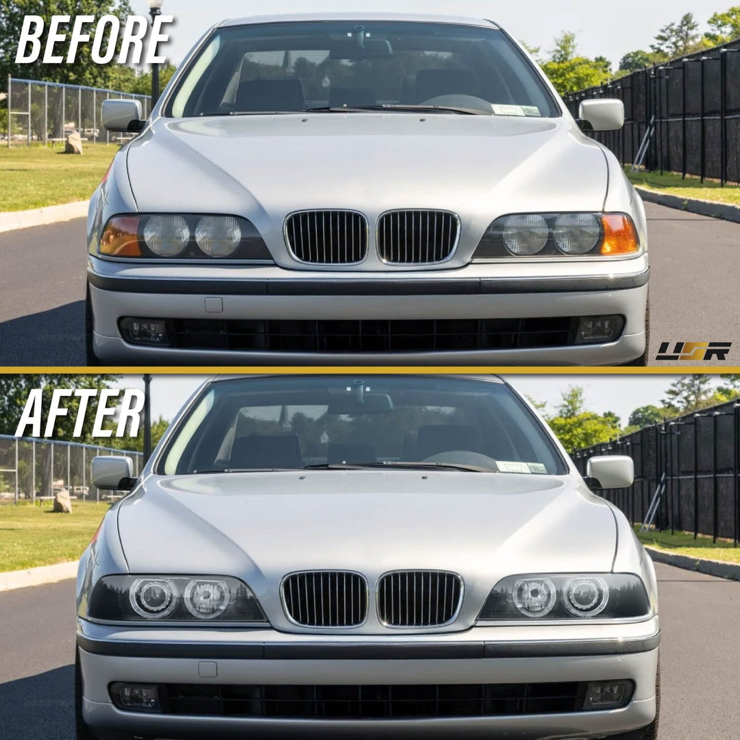 1997-2003 BMW E39 5 Series Black Housing Angel Eye Halo Projector Headlight with Smoke Corner Light