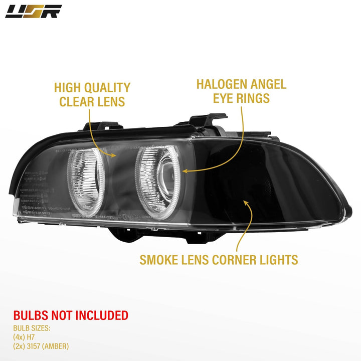 1997-2003 BMW E39 5 Series Black Housing Angel Eye Halo Projector Headlight with Smoke Corner Light