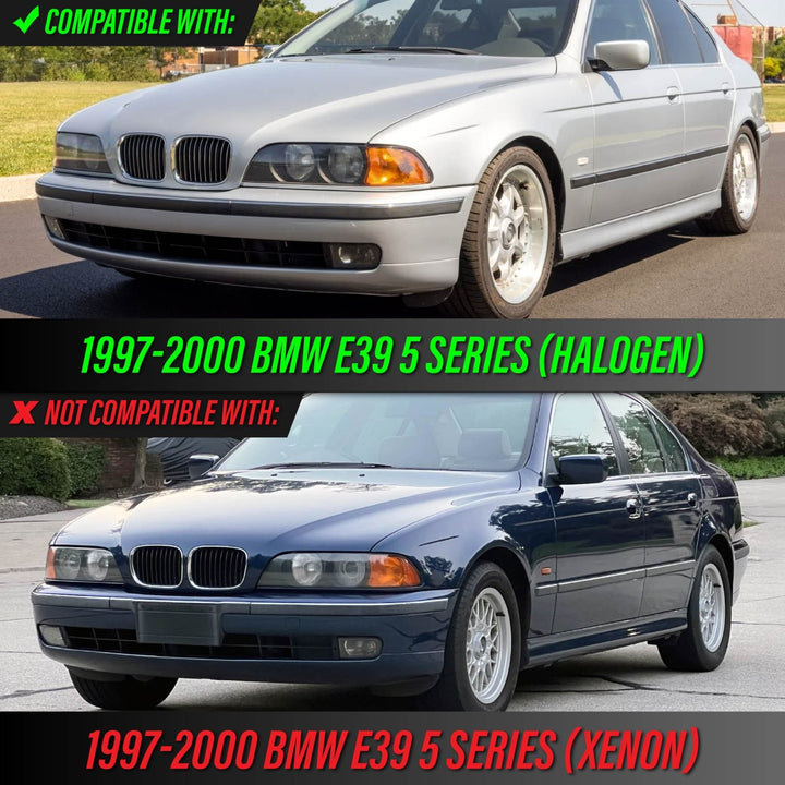 1997-2003 BMW E39 5 Series Black Housing Angel Eye Halo Projector Headlight with Smoke Corner Light