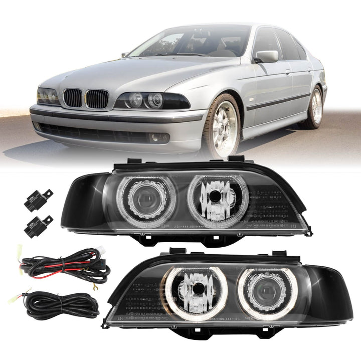 1997-2003 BMW E39 5 Series Black Housing Angel Eye Halo Projector Headlight with Smoke Corner Light