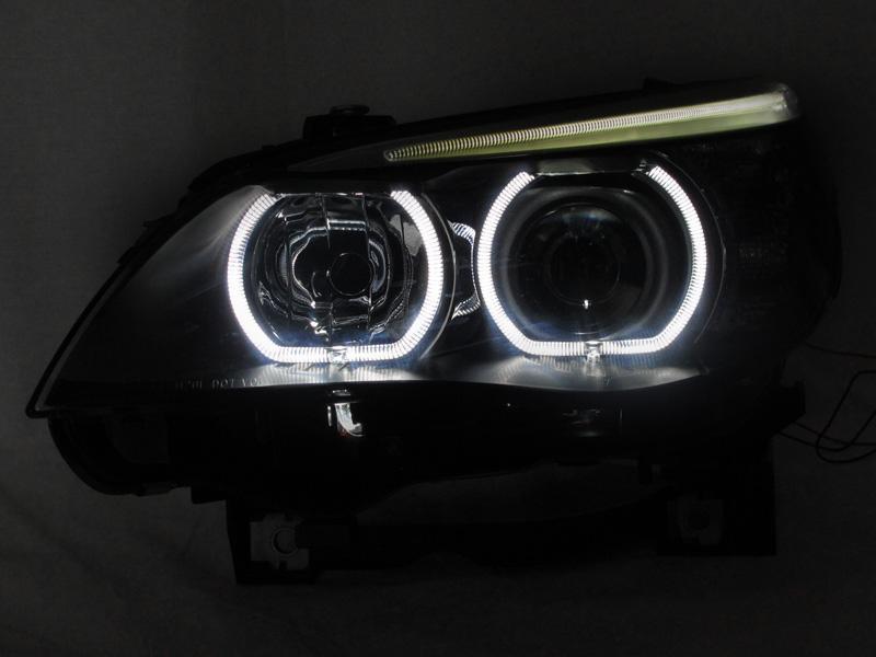 2004 - 2010 BMW 5 Series E60/E61 Projector V3 F30 Style Square Bottom Angel Eye White LED Halo U Ring Projector Headlight For Factory Halogen Model