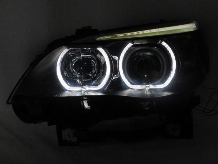 2004 - 2010 BMW 5 Series E60/E61 Projector V3 F30 Style Square Bottom Angel Eye White LED Halo U Ring Projector Headlight For Factory Halogen Model