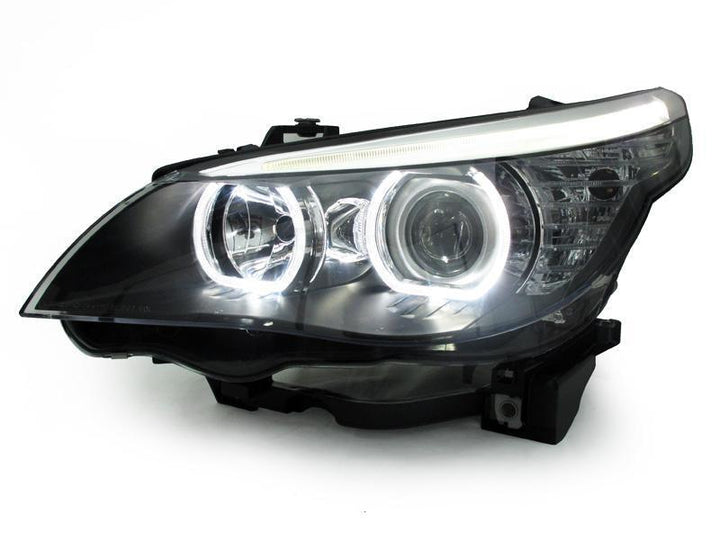 2004 - 2010 BMW 5 Series E60/E61 Projector V3 F30 Style Square Bottom Angel Eye White LED Halo U Ring Projector Headlight For Factory Halogen Model