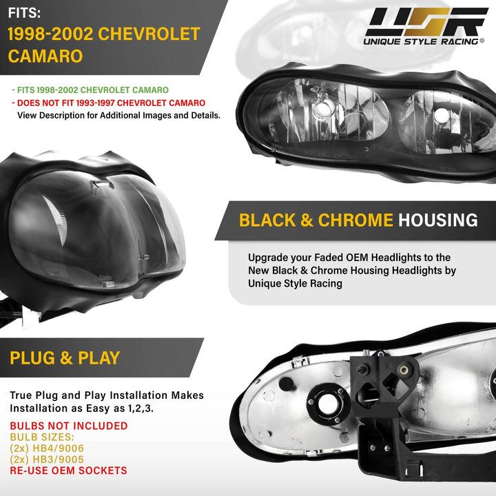 1998 - 2002 Chevrolet Chevy Camaro Black Housing Clear Lens Headlights