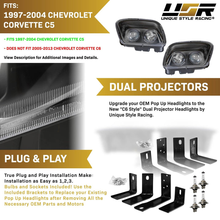1997 - 2004 Chevrolet Corvette C5 Black OR Chrome Housing Projector Headlights