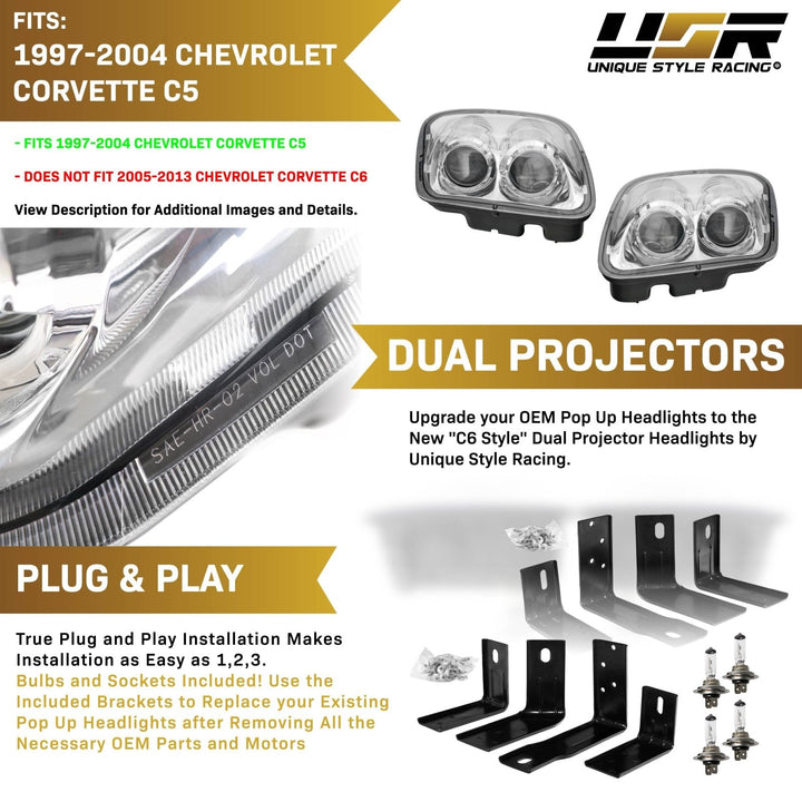 1997 - 2004 Chevrolet Corvette C5 Black OR Chrome Housing Projector Headlights
