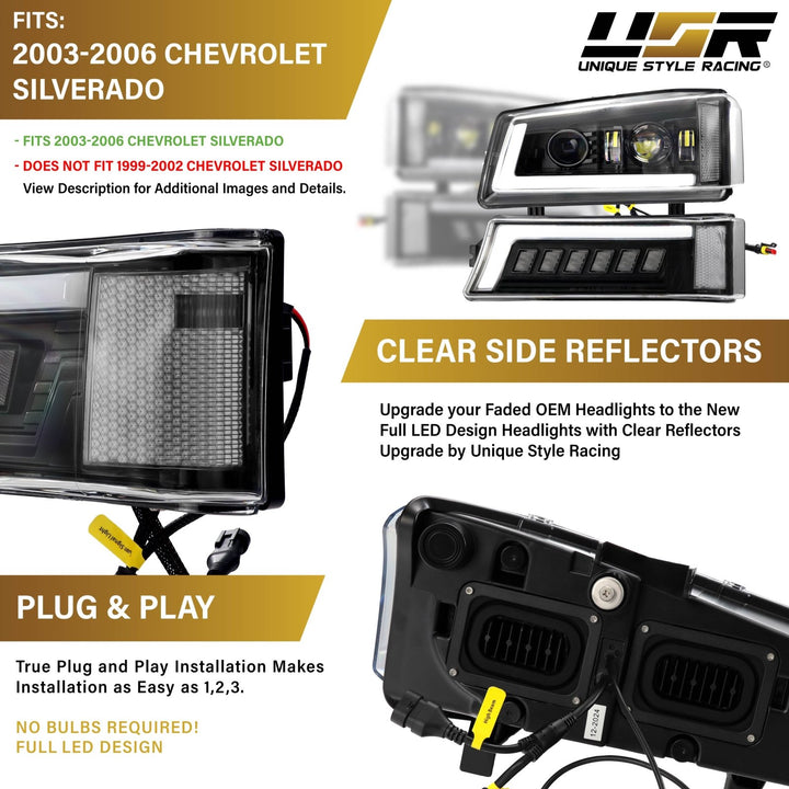 2003 - 2006 Chevrolet Chevy Silverado Full LED Black Housing All Clear Lens Projector Headlights 4PC Set with LED Turn Signals and Clear Reflectors