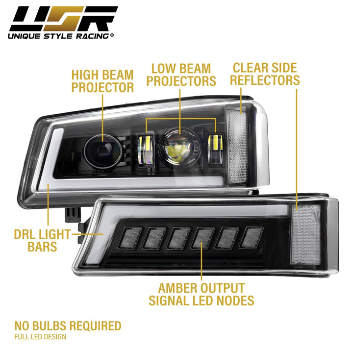 2003 - 2006 Chevrolet Chevy Silverado Full LED Black Housing All Clear Lens Projector Headlights 4PC Set with LED Turn Signals and Clear Reflectors