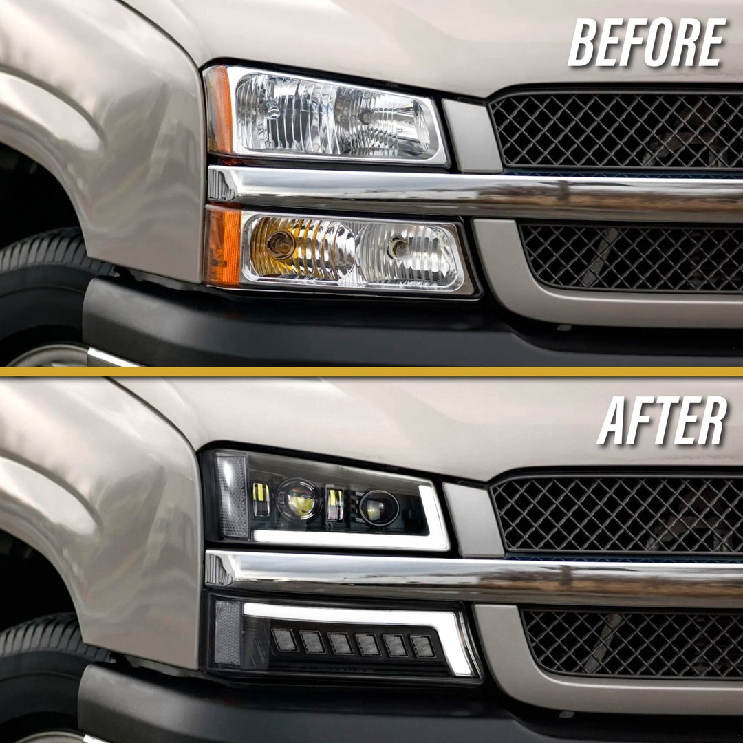 2003 - 2006 Chevrolet Chevy Silverado Full LED Black Housing All Clear Lens Projector Headlights 4PC Set with LED Turn Signals and Clear Reflectors