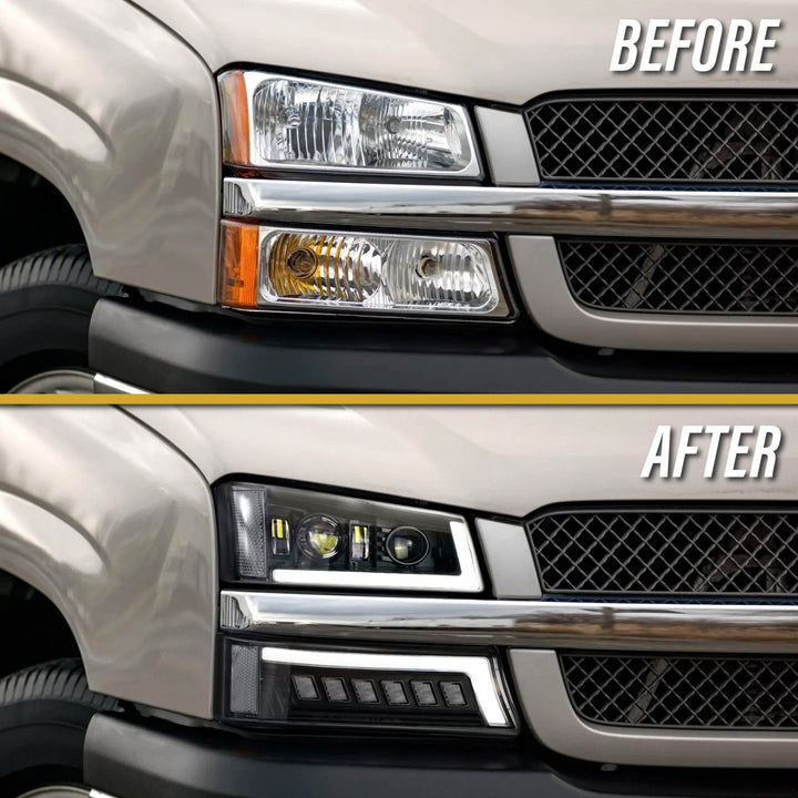 2003 - 2006 Chevrolet Chevy Silverado Full LED Black Housing All Clear Lens Projector Headlights 4PC Set with LED Turn Signals and Clear Reflectors