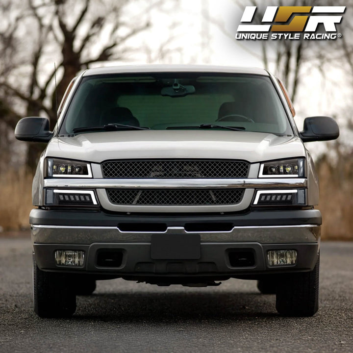 2003 - 2006 Chevrolet Chevy Silverado Full LED Black Housing All Clear Lens Projector Headlights 4PC Set with LED Turn Signals and Clear Reflectors