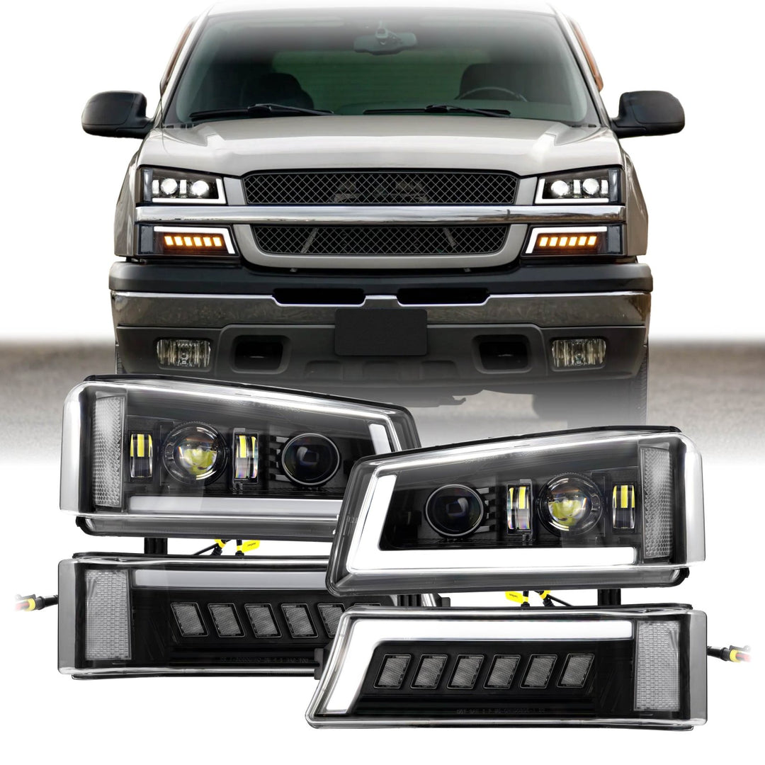 2003 - 2006 Chevrolet Chevy Silverado Full LED Black Housing All Clear Lens Projector Headlights 4PC Set with LED Turn Signals and Clear Reflectors