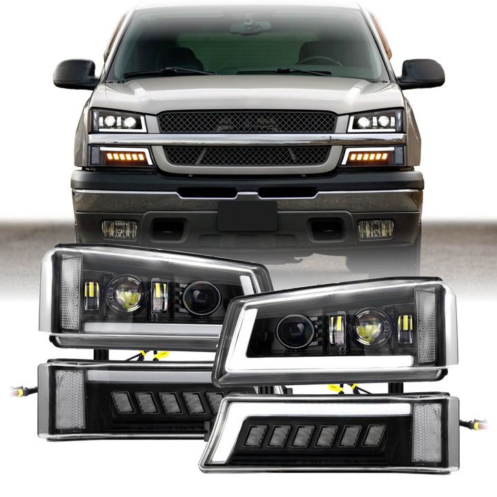 2003 - 2006 Chevrolet Chevy Silverado Full LED Black Housing All Clear Lens Projector Headlights 4PC Set with LED Turn Signals and Clear Reflectors