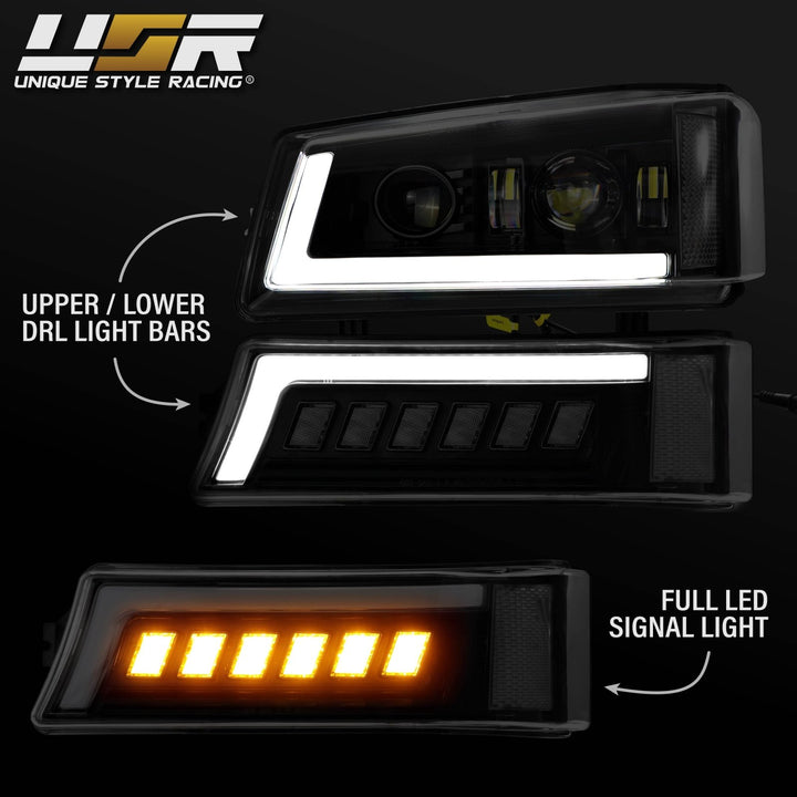 2003 - 2006 Chevrolet Chevy Silverado Full LED Black Housing All Clear Lens Projector Headlights 4PC Set with LED Turn Signals and Clear Reflectors
