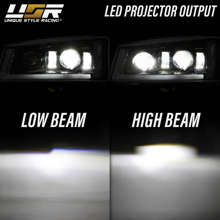 2003 - 2006 Chevrolet Chevy Silverado Full LED Black Housing All Clear Lens Projector Headlights 4PC Set with LED Turn Signals and Clear Reflectors