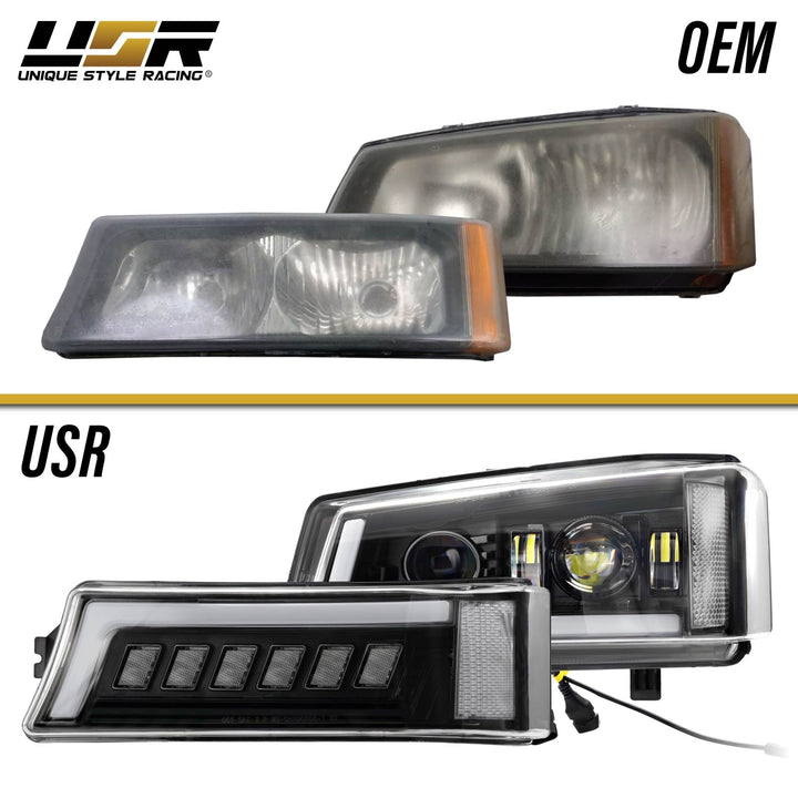 2003 - 2006 Chevrolet Chevy Silverado Full LED Black Housing All Clear Lens Projector Headlights 4PC Set with LED Turn Signals and Clear Reflectors
